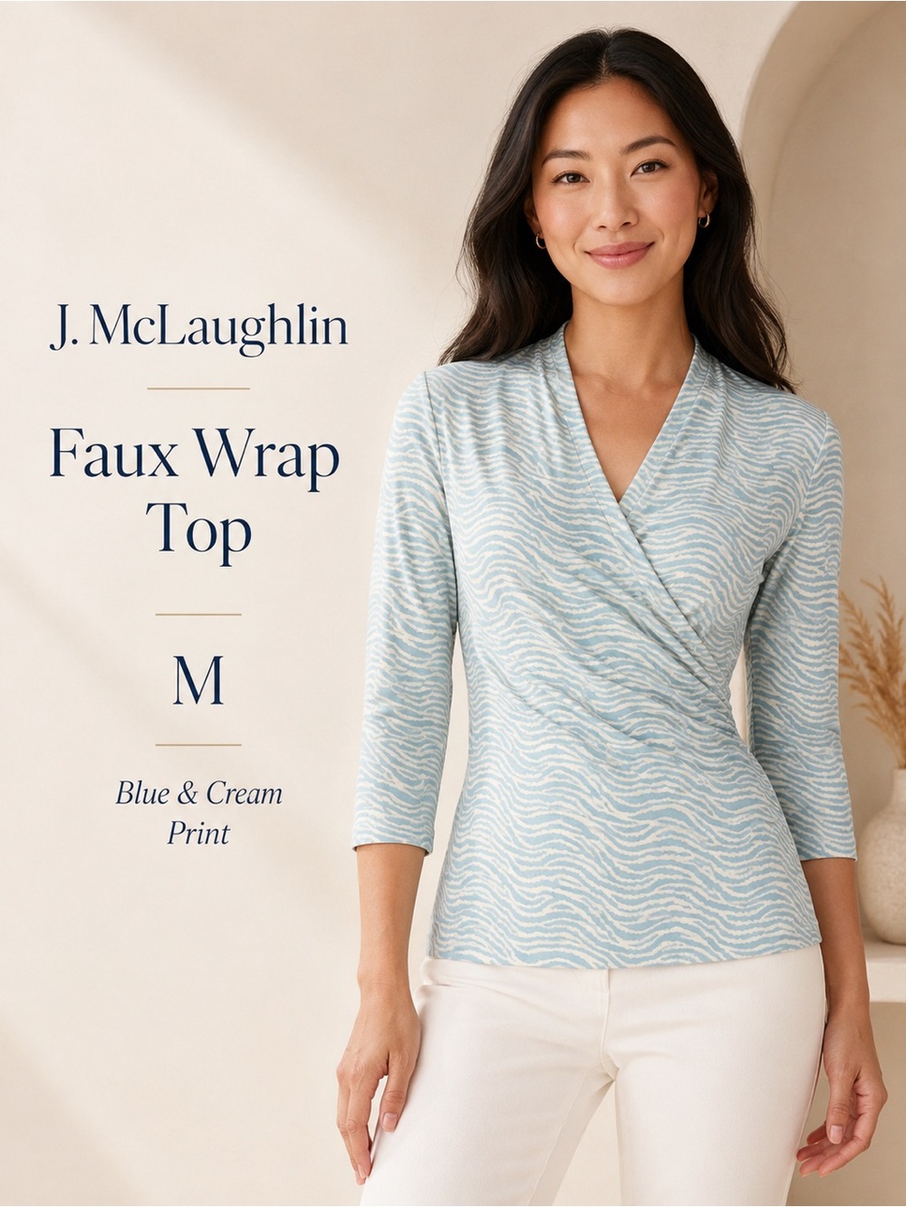 J. McLaughlin Light Blue & Cream Faux Wrap Top